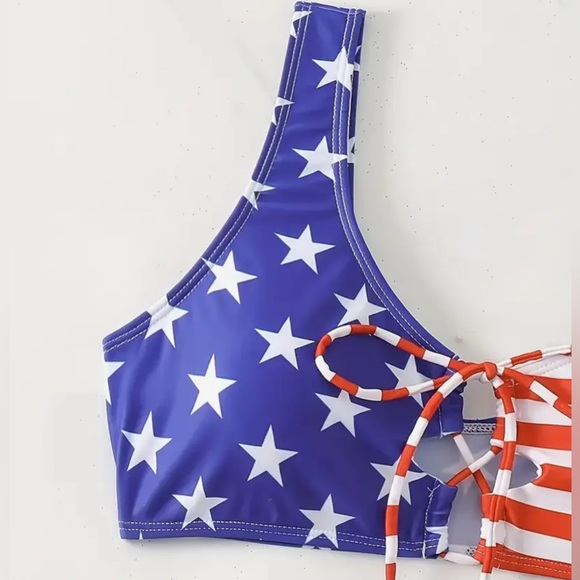 American Flag Stars Stripes Tie Front High Waisted Bikini Set - Picture 9 of 11